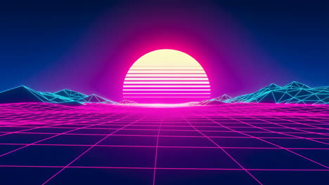 synthwave retro horizon with neon grid and mountains