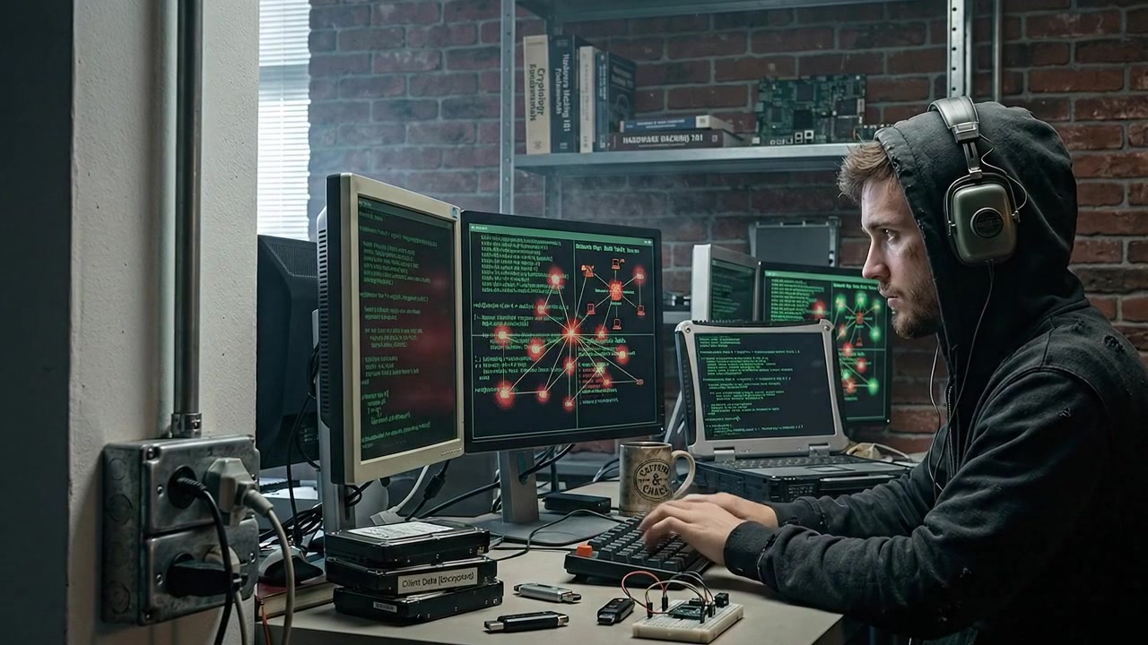Programmer Coding on Multiple Monitors in Dark Technology Workspace