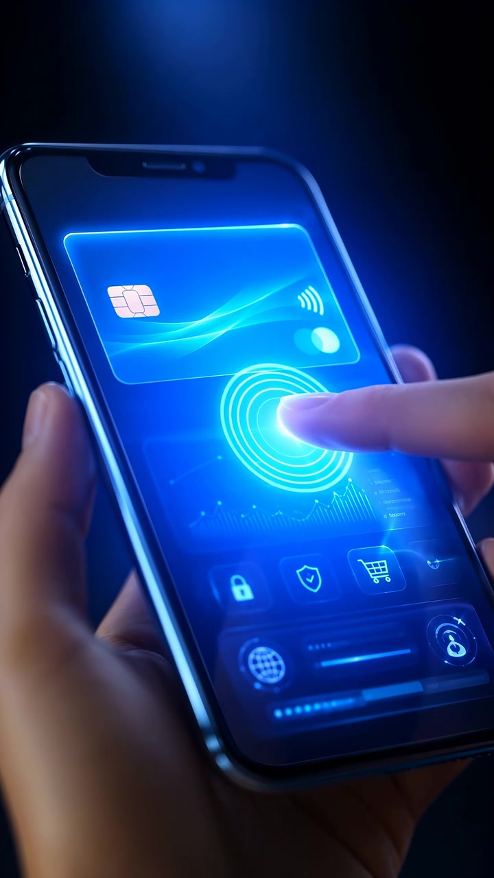 Close view follows a fingertip pressing the illuminated scan circle as blue rings brighten, then fade below a virtual contactless card and rows of security, shopping, and network icons.