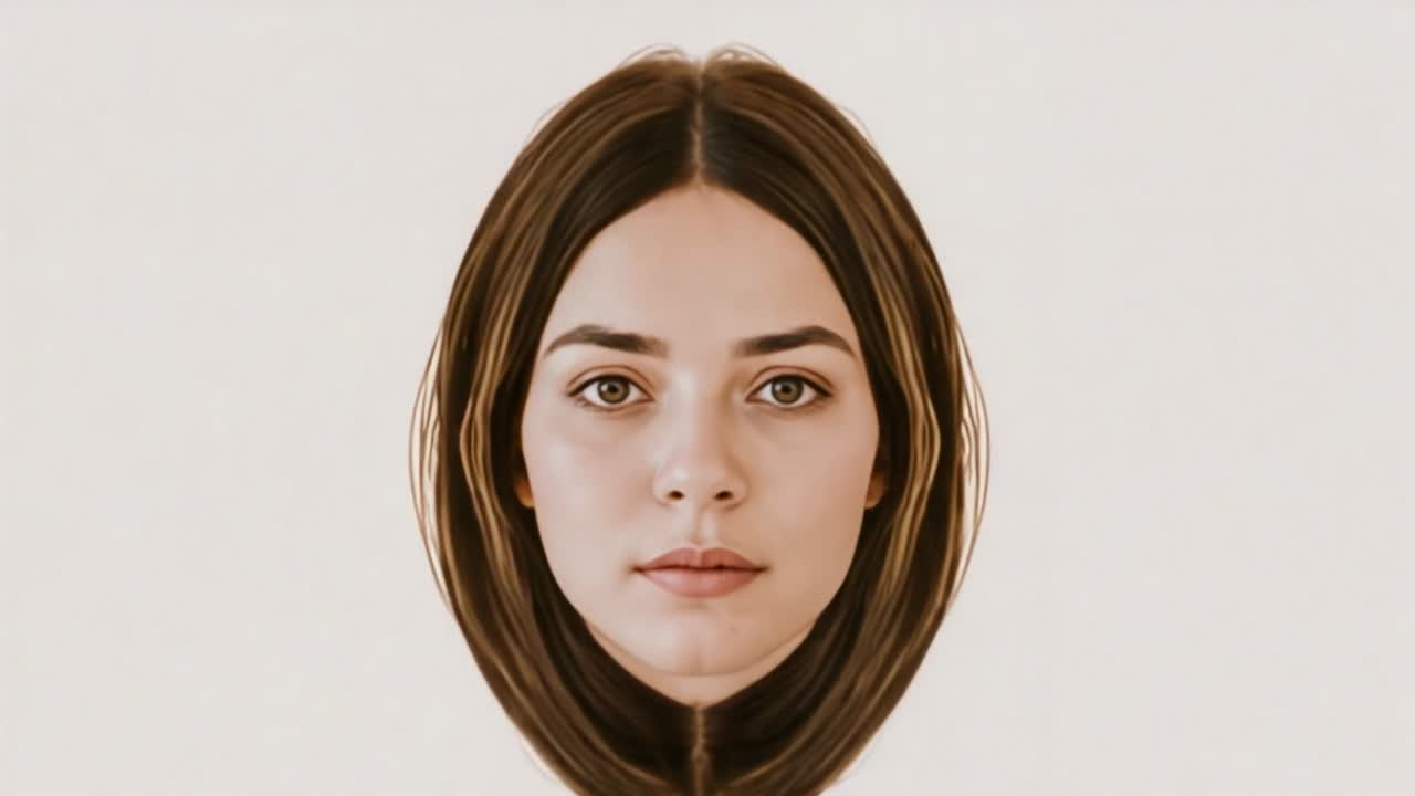 Scaling oval element revealing woman's face in studio, highlighting facial detail and hair framing
