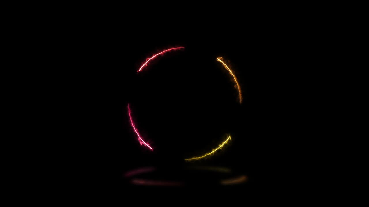 forma redonda con luces de fuego rosadas, rojas, naranjas y amarillas con reflejos en un fondo negro. diseño gráfico de movimiento de signo de bucle sin costuras abstracto