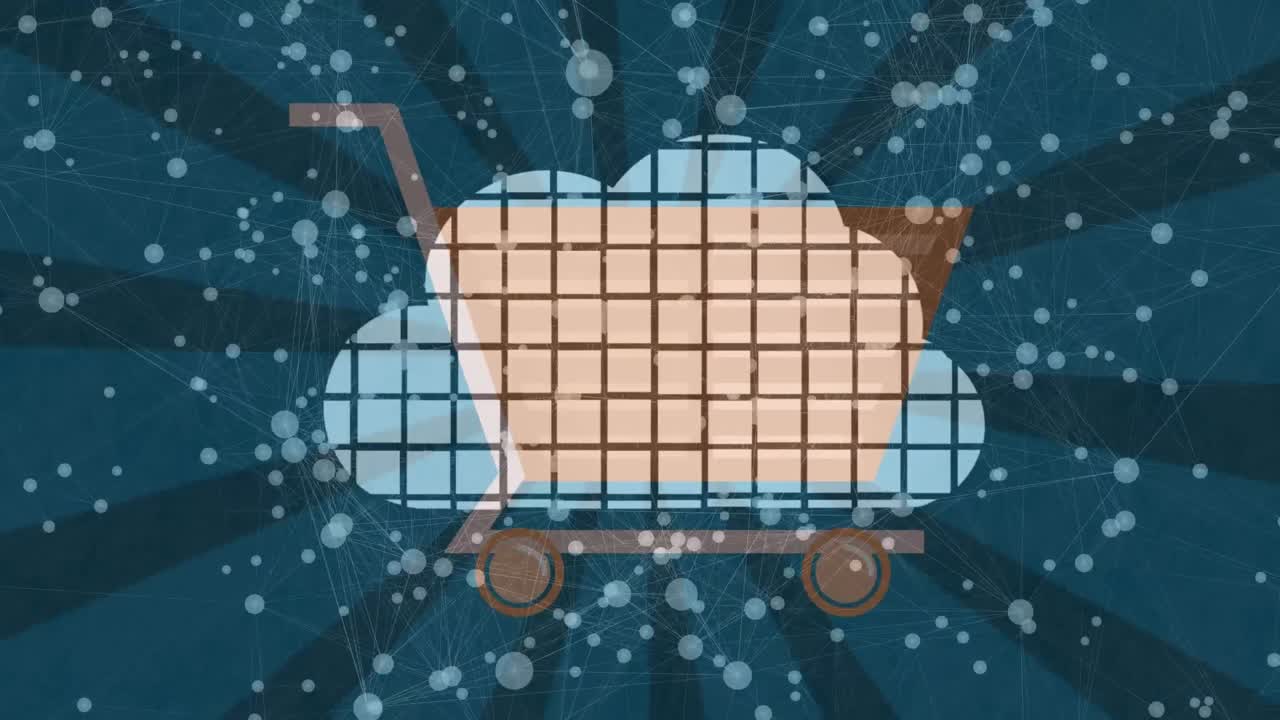 구름 아이콘을 형성하는 사각형의 애니메이션, 쇼핑 카트 위에, 빛의 반점, 검은색에