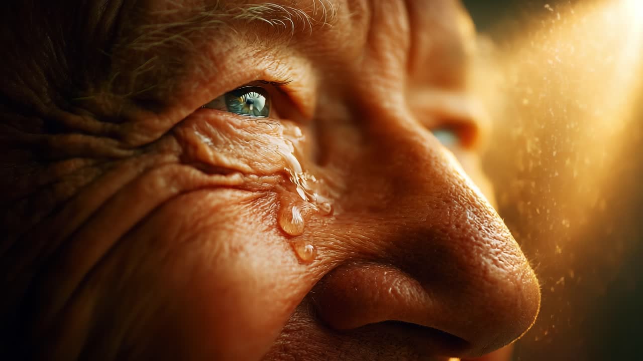 Close-up of an elderly person's face capturing deep emotion, showcasing a tear glistening down their cheek under soft, warm lighting, reflecting the beauty and complexity of aging