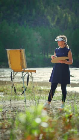 woman painting outdoors by a river