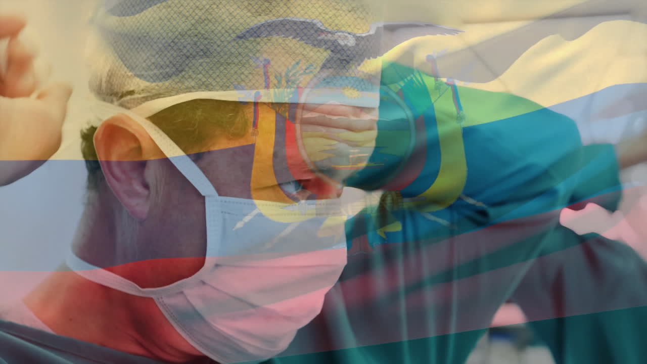 Animation of flag of ecuador over caucasian male surgeon wearing face mask