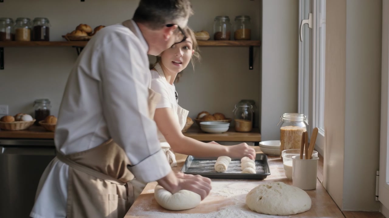 Pressing chef in white jacket leaning guiding student placing rolls at counter by window, with jars