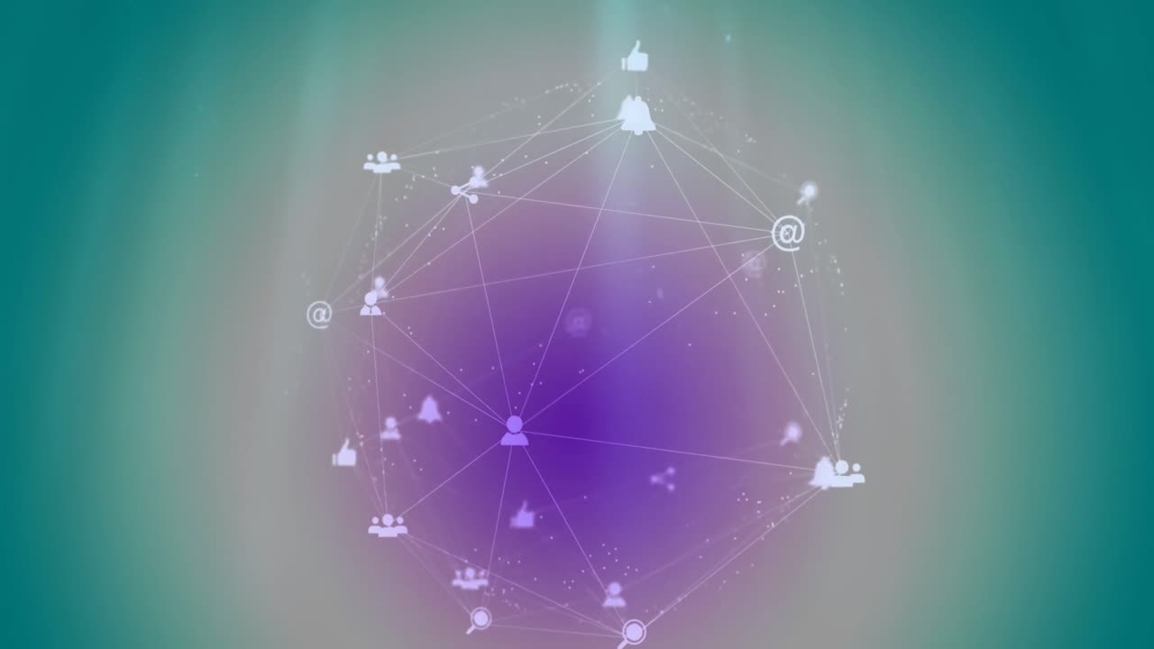 animación del patrón púrpura en iconos conectados que forman un globo contra un fondo azul