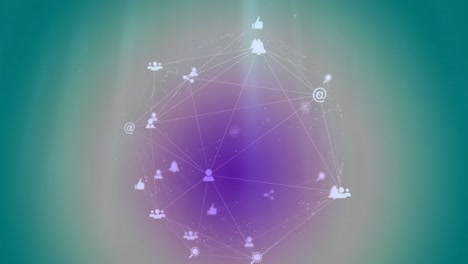 Animation-of-purple-pattern-in-connected-icons-forming-globe-against-blue-background