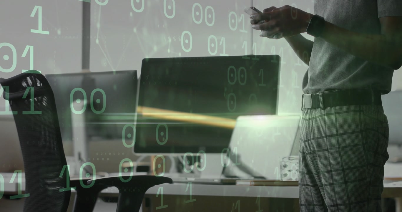 IT professional lifting smartphone swiping content analyzing data while green binary overlay pulses