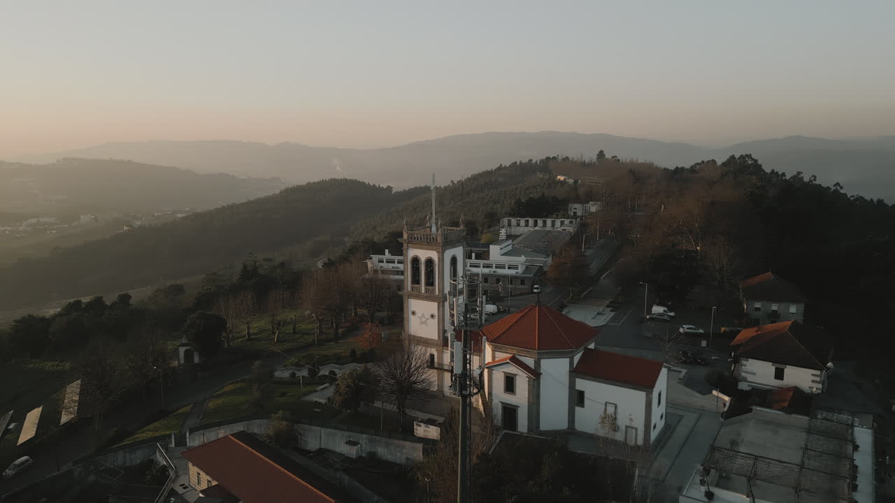 Twilight at Santa Quit&eacute;ria Sanctuary, Felgueiras - Aerial Orbit shot