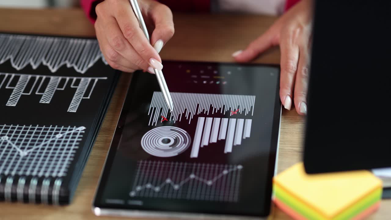 Person analyzing business data and graphs on a tablet