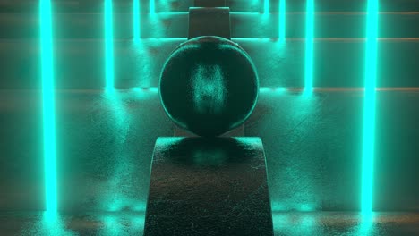 a loopable animation of black metallic damaged ball sliding on scifi scene with neon lights