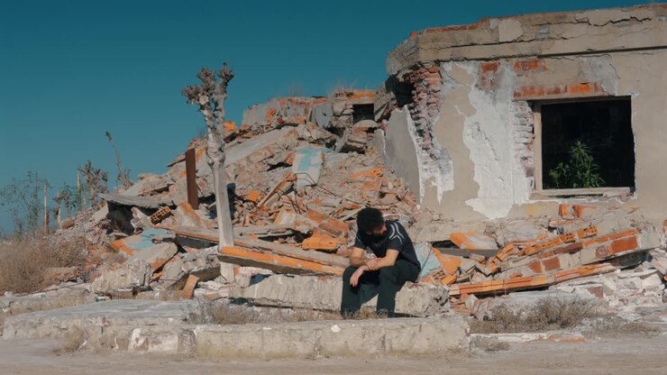 Man sitting among destroyed urban ruins with head down in despair, symbolizing trauma, loss, and the human cost of war and conflict