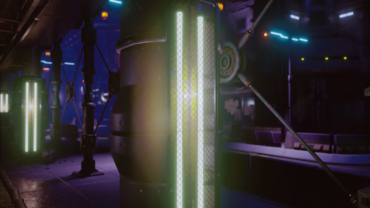 Futuristic corridor illuminated by glowing panels at night in a sci fi setting