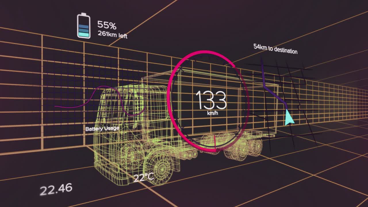 All'avvio, un camion wireframe accelera e poi decelera, e il grafico del percorso si adatta mostrando i progressi