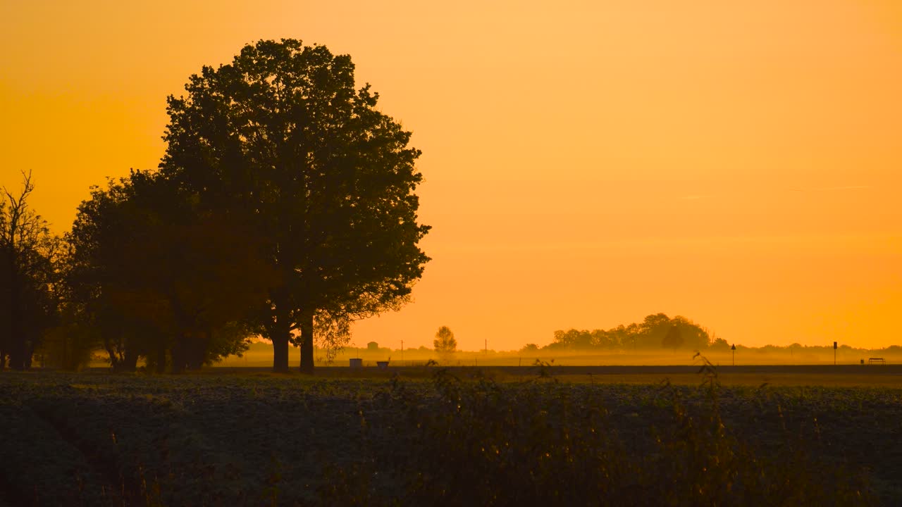 Static shot of idyllic deep yellow sunrise sky and car drive in far, Latvia