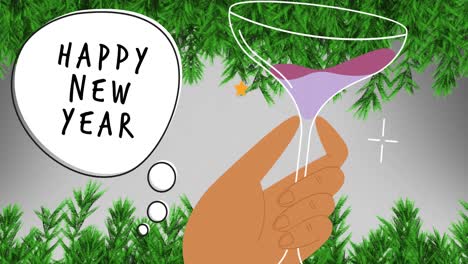 animation of happy new year text in thought bubble with hand holding glass and christmas tree