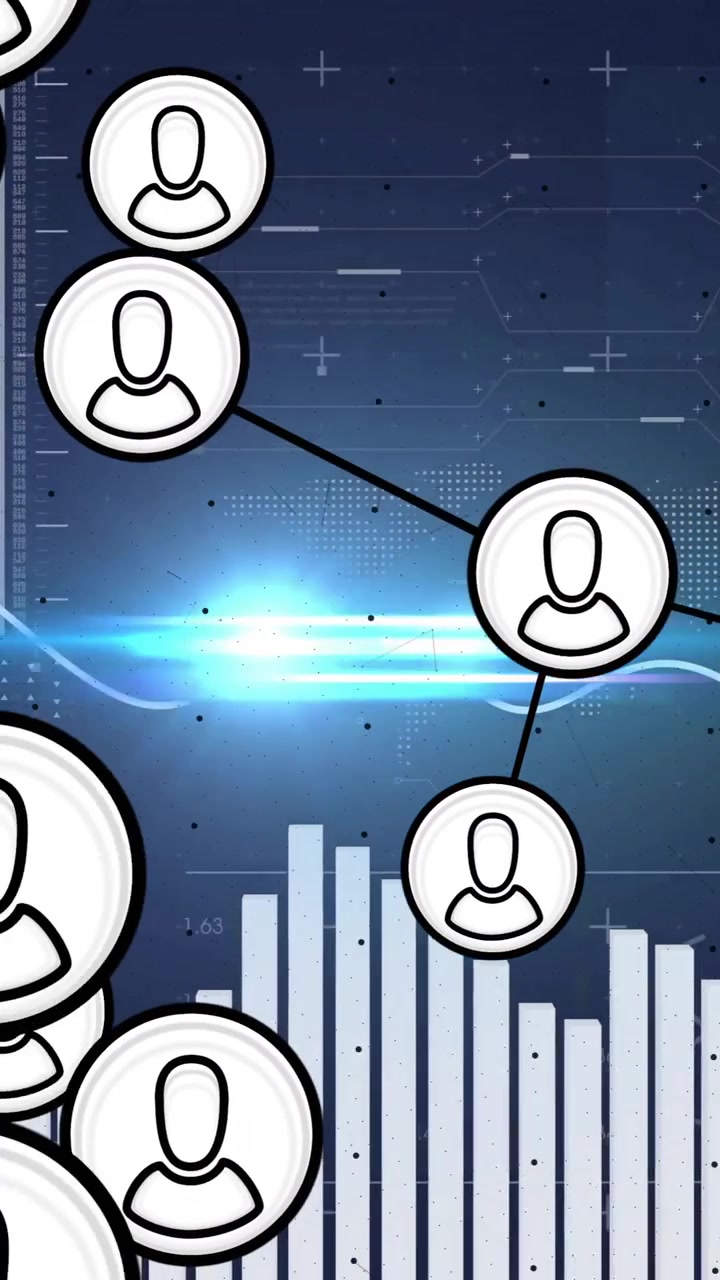 User icons connected by lines, data visualization animation over bar and line graphs