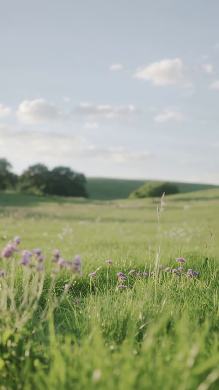 Pystyvideo: Keinuvaa heinikkoa ja purppuranvärisiä kukkia niityllä, kevyt tuulenvire saa ne liikkeelle