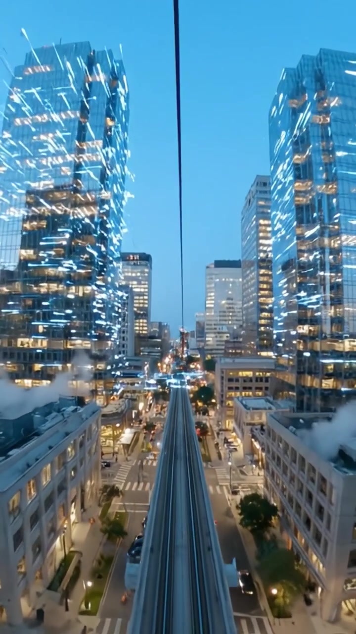 Reflejo del Movimiento Urbano: Un Viaje Dinámico a Través de Calles de la Ciudad y Rascacielos Brillantes Capturado en Dos Momentos Enmarcados de la Vida Urbana Moderna