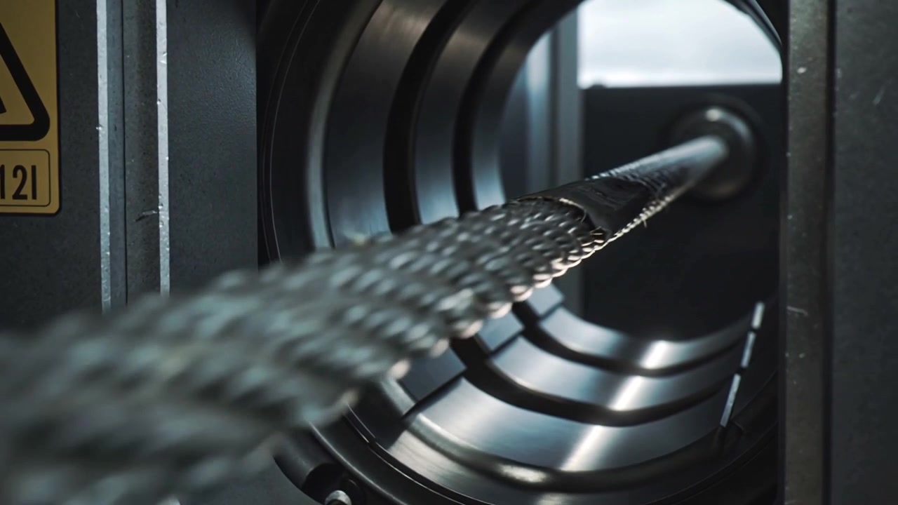 Engaging mandrel pulling braided cable through machine for feeding with guides and yellow label