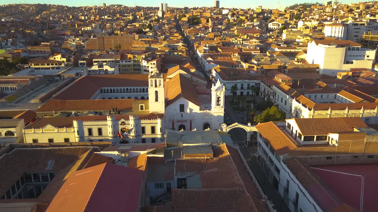 Aerial view over the historic, colonial architecture of Sucre, Bolivia at sunset