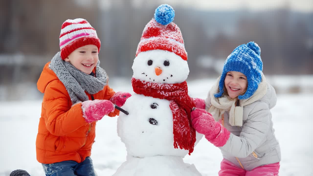 Two Joyful Children Enjoying Winter Fun While Building a Snowman in a Scenic Snowy Landscape, Capturing the Essence of Winter Playtime and Creative Imagination
