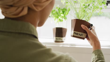 Video-of-biracial-woman-in-hijab-writing-on-herb-pots