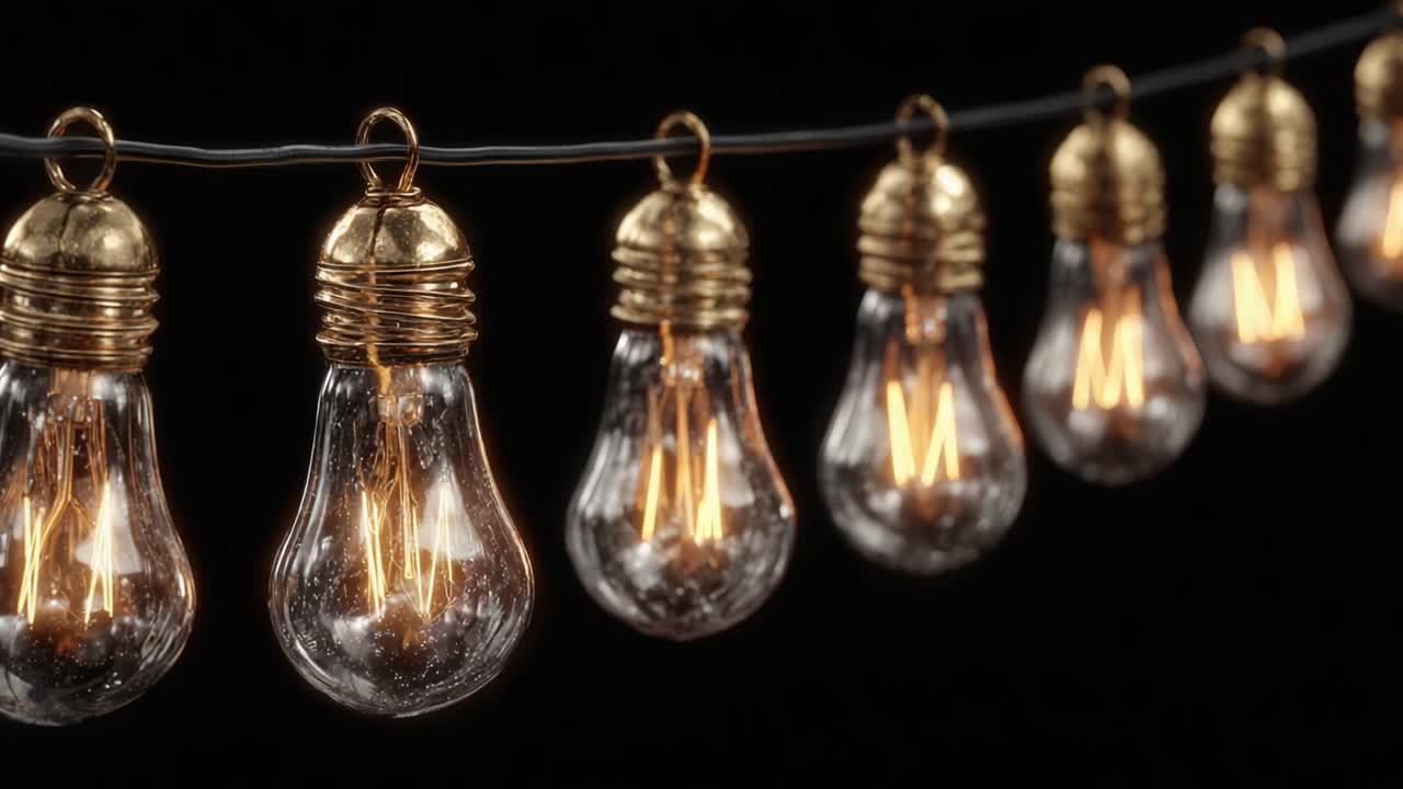An Elegant Display of Illuminated Vintage Light Bulbs on a String, Showcasing Warm Glow and Artful Design Against a Dark Background