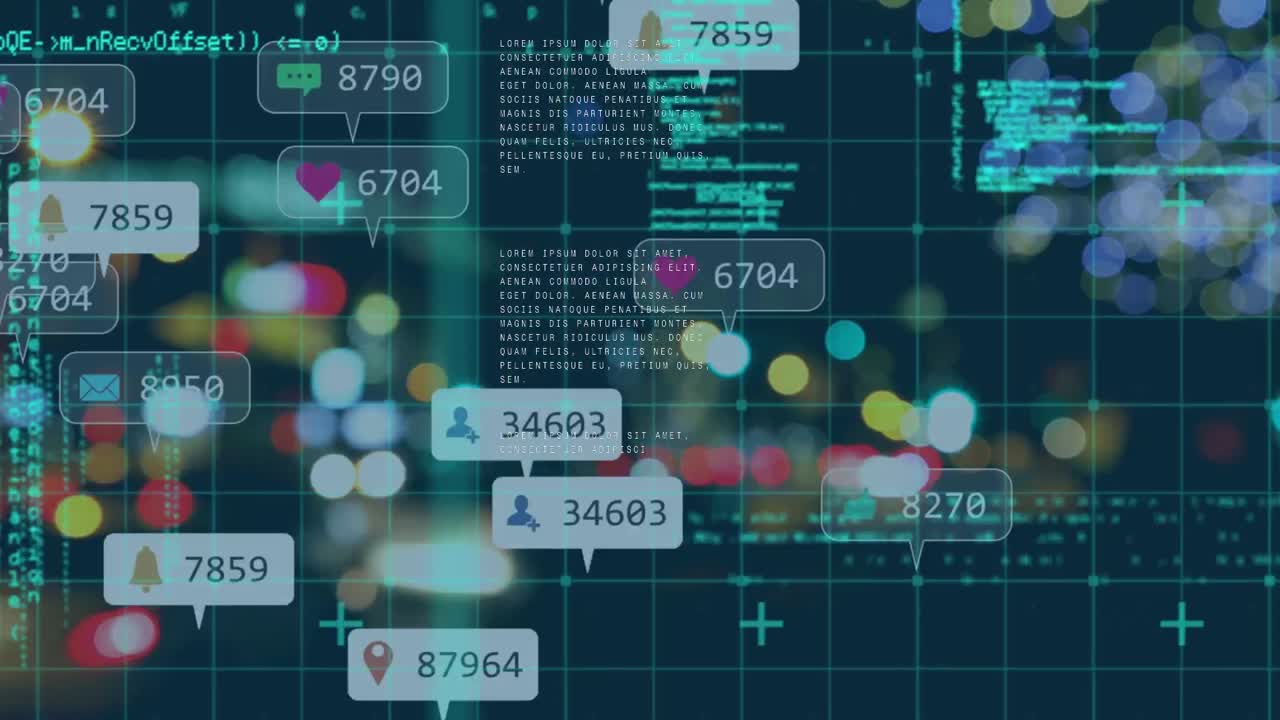 Animation of data processing and media icons over cityscape at night
