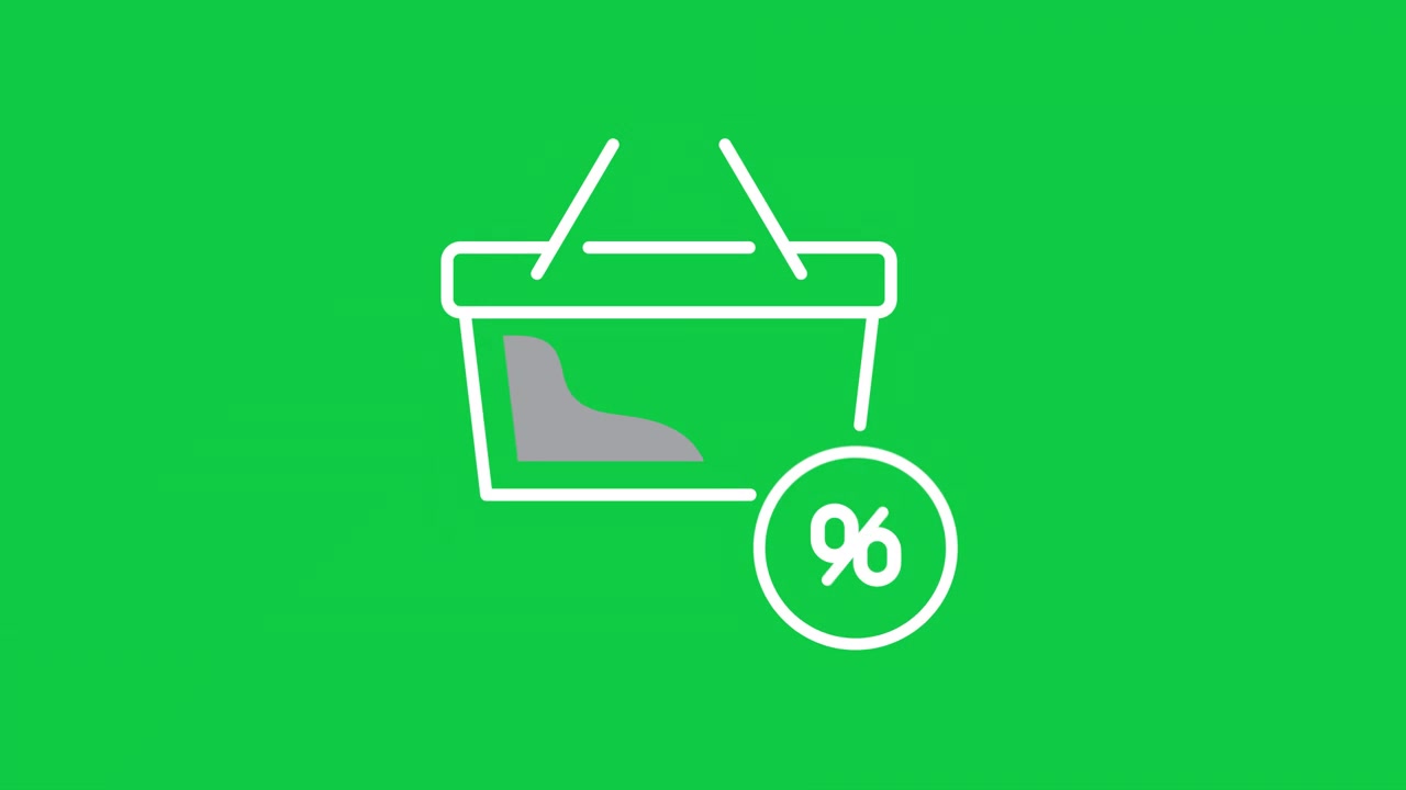 Icono animado de cesta de compras con símbolo de porcentaje en pantalla verde