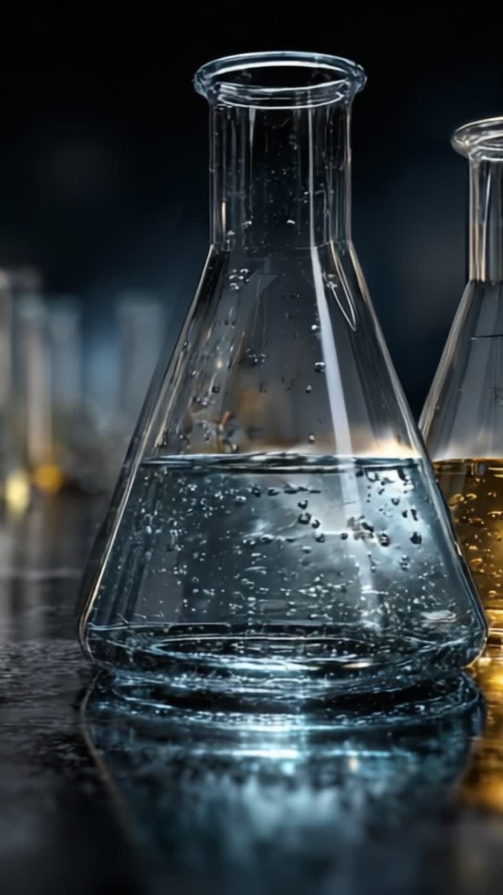 Primo piano di vetreria da laboratorio: Uno sguardo dettagliato a fiasche tarate riempite d'acqua e liquido effervescente in un ambiente scientifico.
