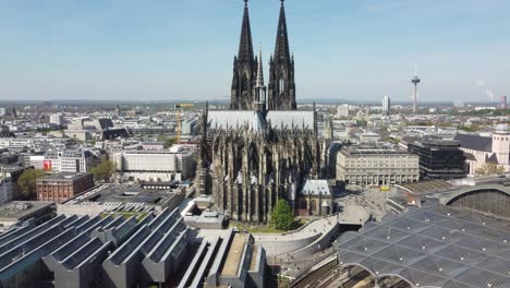 cologne cathedral in germany on sunny day, static aerial