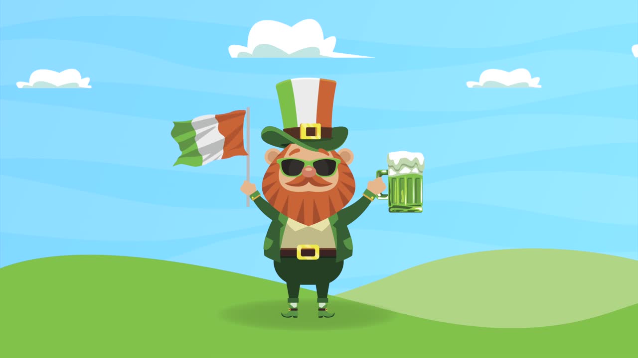felicità postale di san patrizio con un leprechaun che agita la bandiera irlandese e la birra