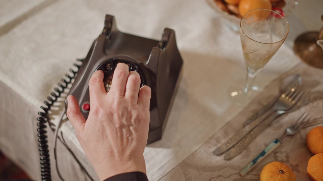 Telefono vintage sul tavolo da pranzo in fase di composizione, mano anziana che si ferma e poi ruota il disco accanto a un bicchiere e mandarini su una tovaglia di lino, luce calda della sera e stoviglie creano un'atmosfera domestica accogliente e un ricordo persistente.