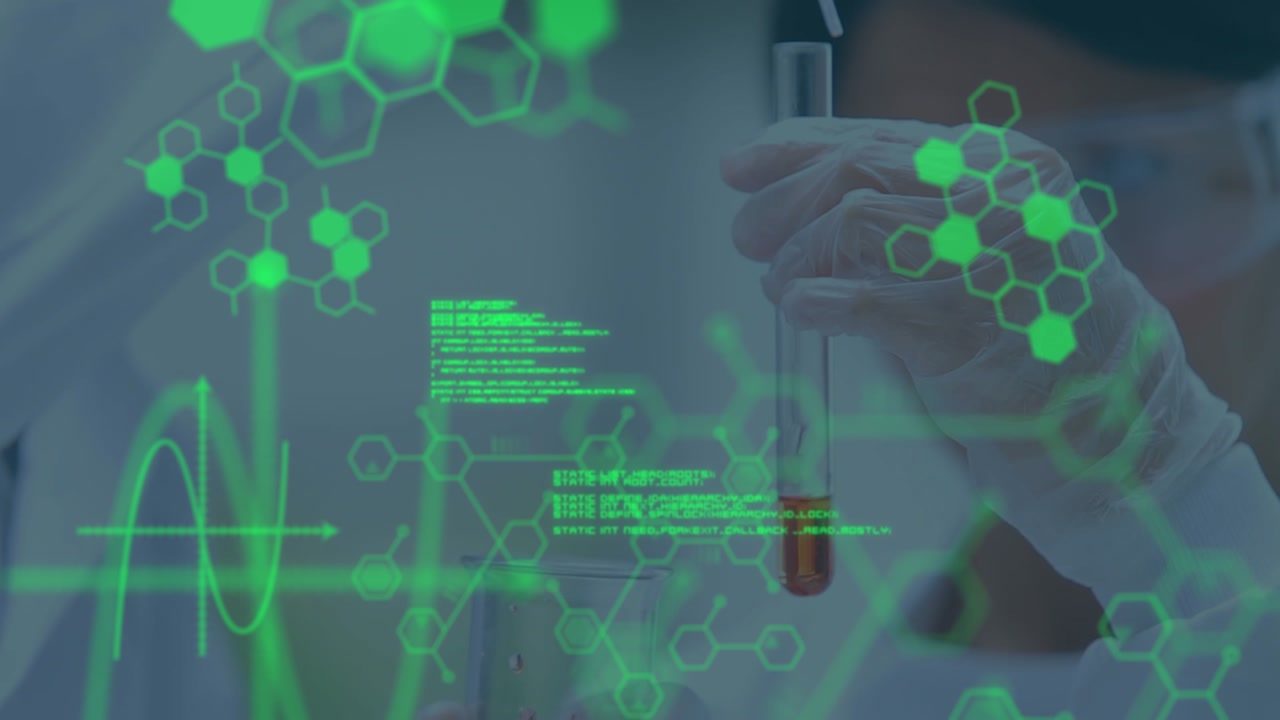 Animation of scientific data over hands of caucasian lab worker