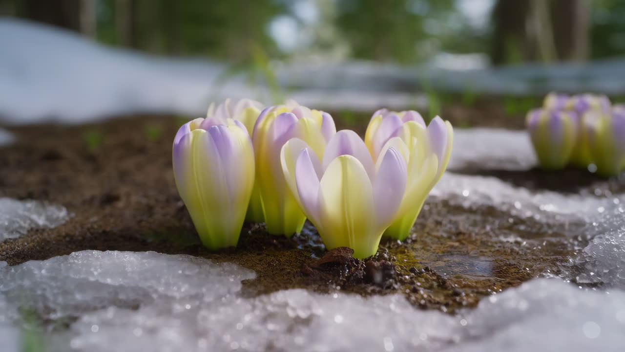 Crocuses Blooming Through Melting Snow in Early Spring