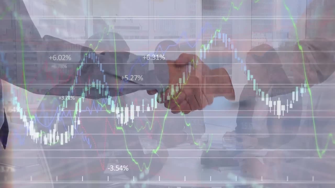 カウカシアのビジネスマンがグラフィックデータで握手するアニメーション 背景の同僚