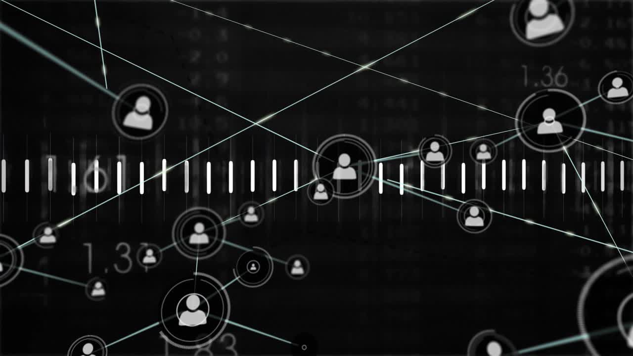 Upon central node appearing, network expanding showing data growth, avatars morphing, pulsing bars