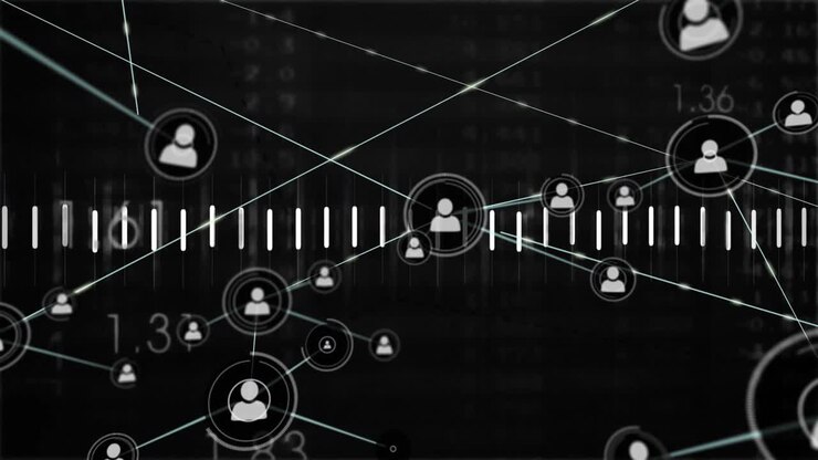 Upon central node appearing, network expanding showing data growth, avatars morphing, pulsing bars