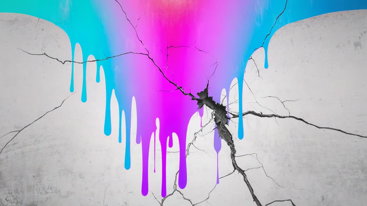 Colore vivido al centro in alto con sgocciolature di vernice che colano su una parete di cemento, rivelando una crepa