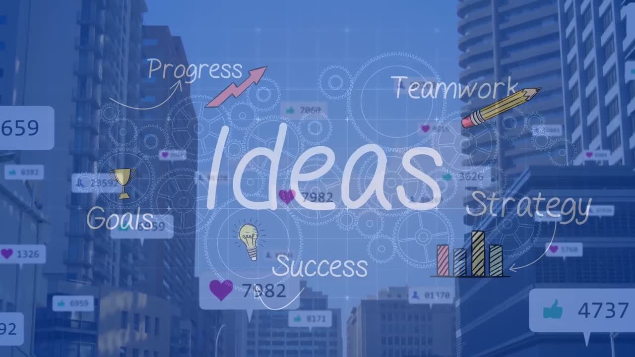 도시 풍경 위의 아이콘과 함께 아이디어 텍스트의 애니메이션