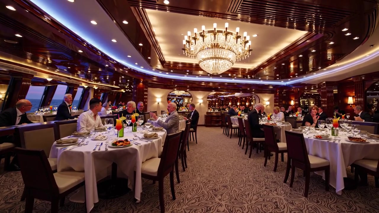 Crucero de lujo navegando en el océano y cena elegante a bordo