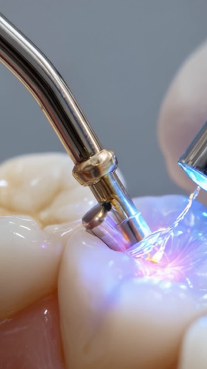 Intricata Procedura Dentale Che Utilizza Tecnologia Avanzata per Precisione e Cura nella Salute Orale, Mostrando l'Uso di Luce e Acqua nel Processo di Trattamento