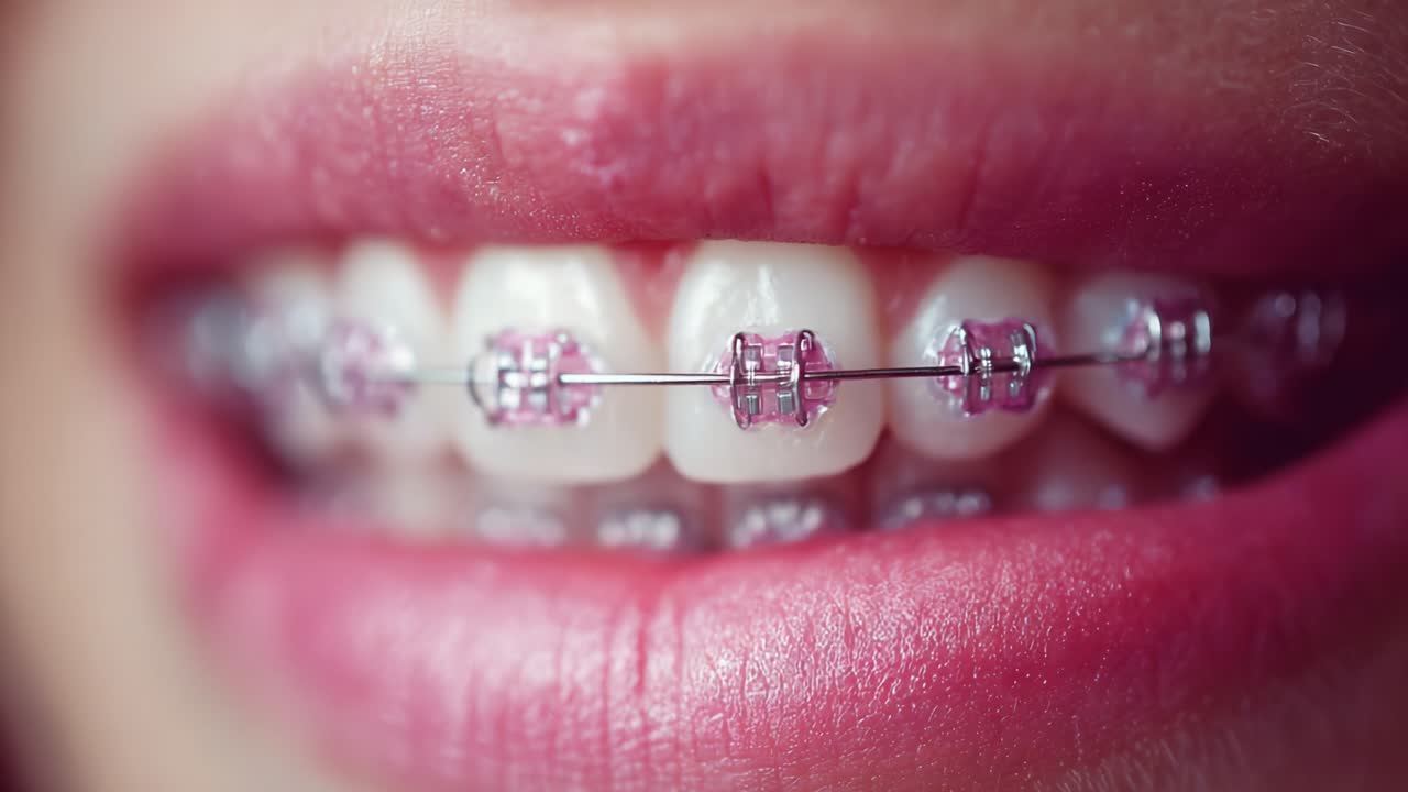 A Close-Up View of a Bright Smile Featuring Colorful Braces Enhancing Oral Aesthetics and Dental Alignment for Improved Confidence and Health