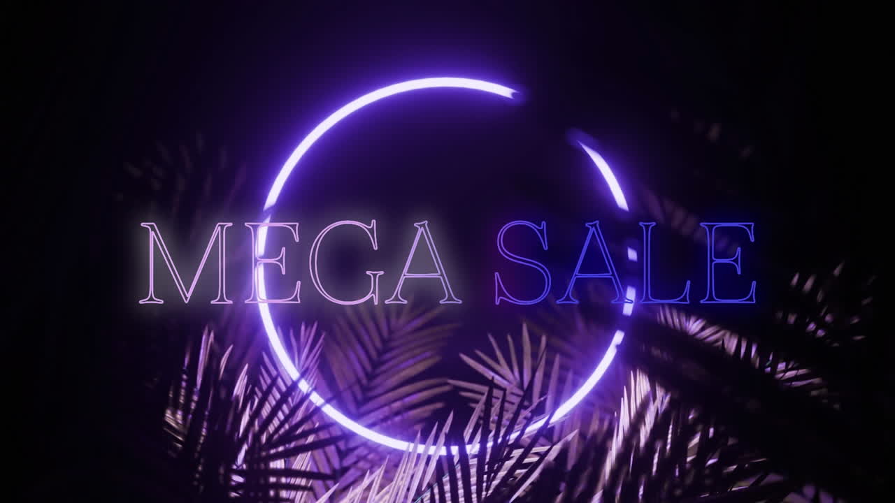 검은색 배경에 잎이 있는 파란색 네온으로 메가 세일 텍스트와 링의 애니메이션