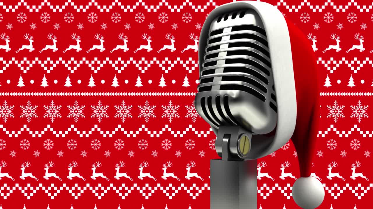 Animasjon av mikrofon med nisselue over julepynt.
