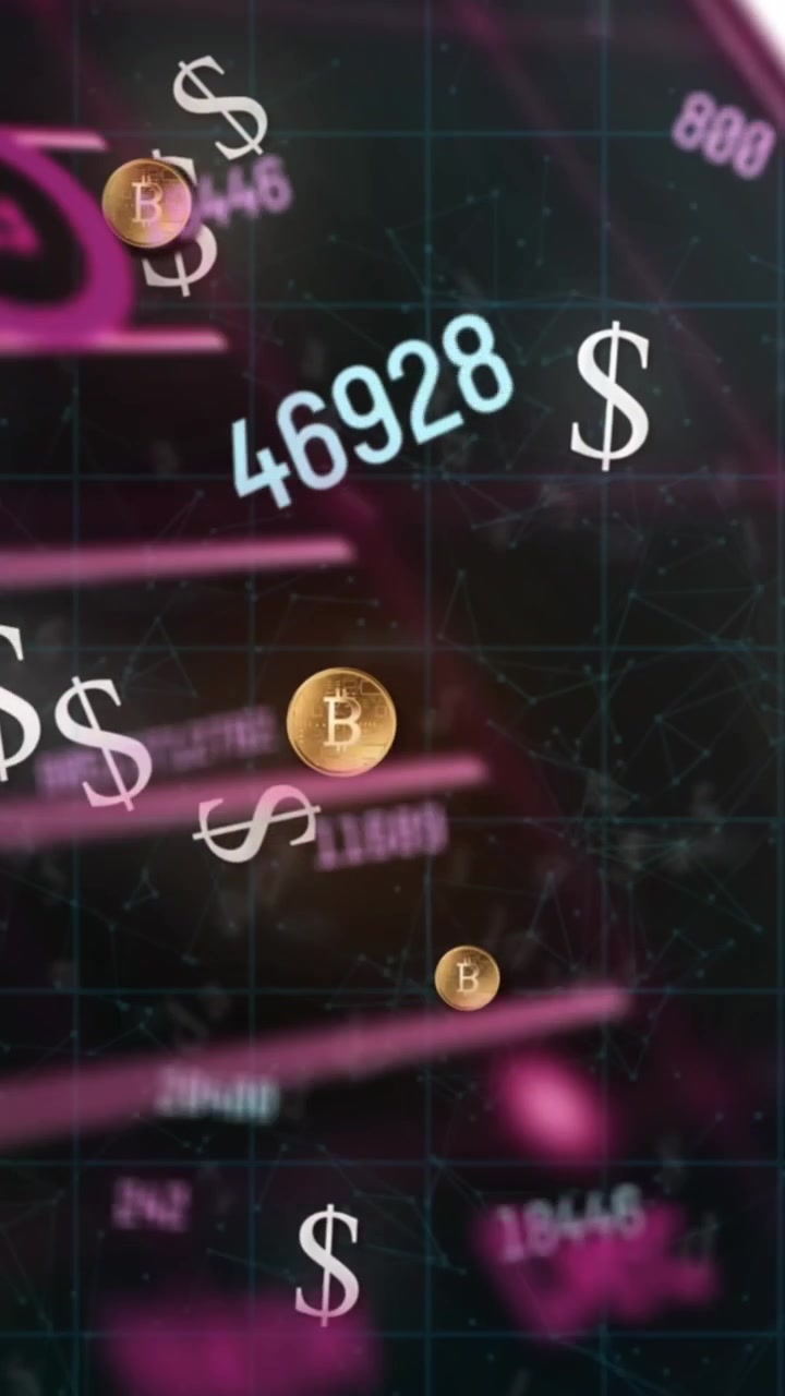 Analisi animata del mercato finanziario con simboli Bitcoin e del dollaro