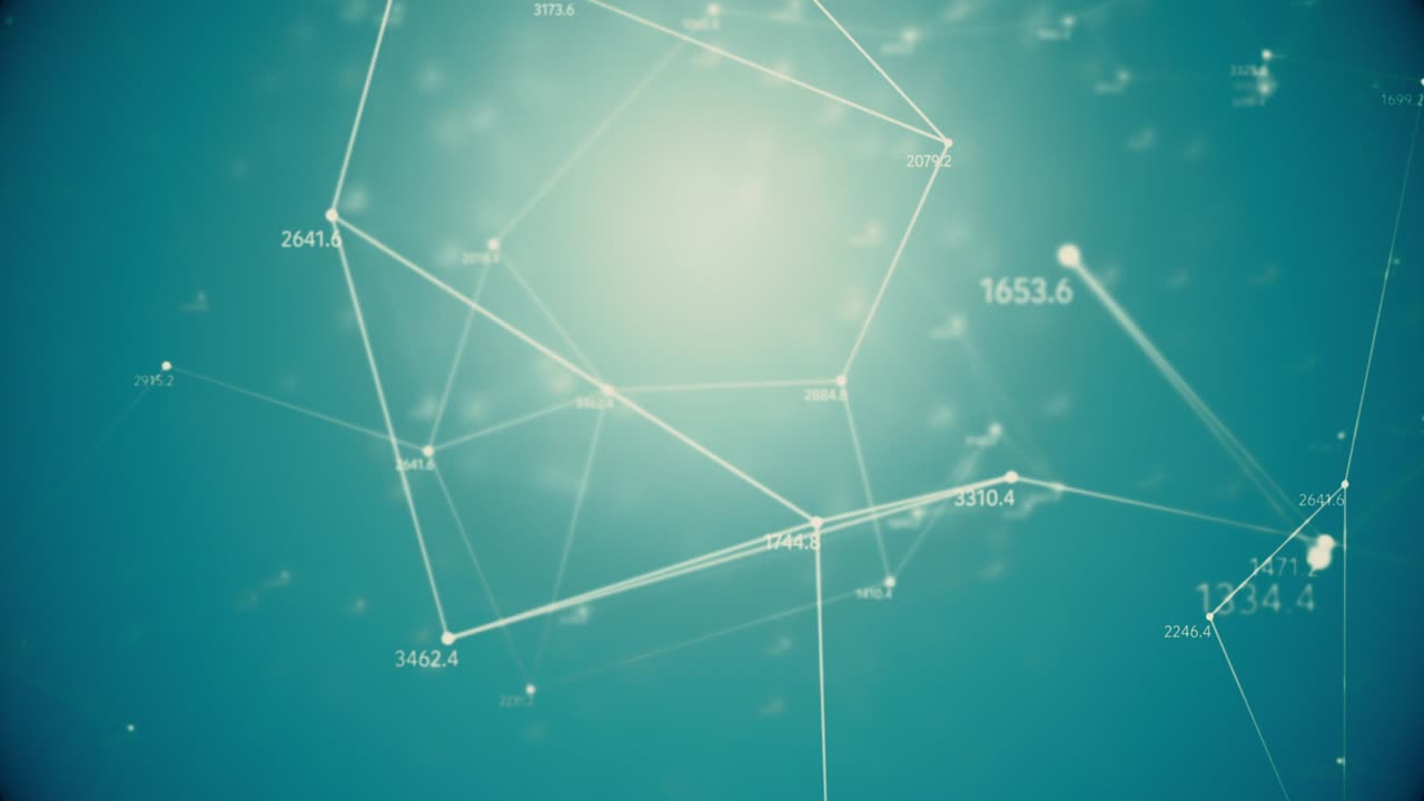 추상적인 컴퓨터 생성 원활한 루프, 혼란스러운 느리게 움직이는 점, 선, 삼각형, 무작위 숫자 배경에서 기하학적 움직임.