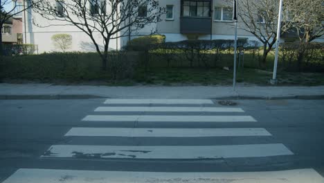 crossing the street via the pedestrian crossing on a quiet road